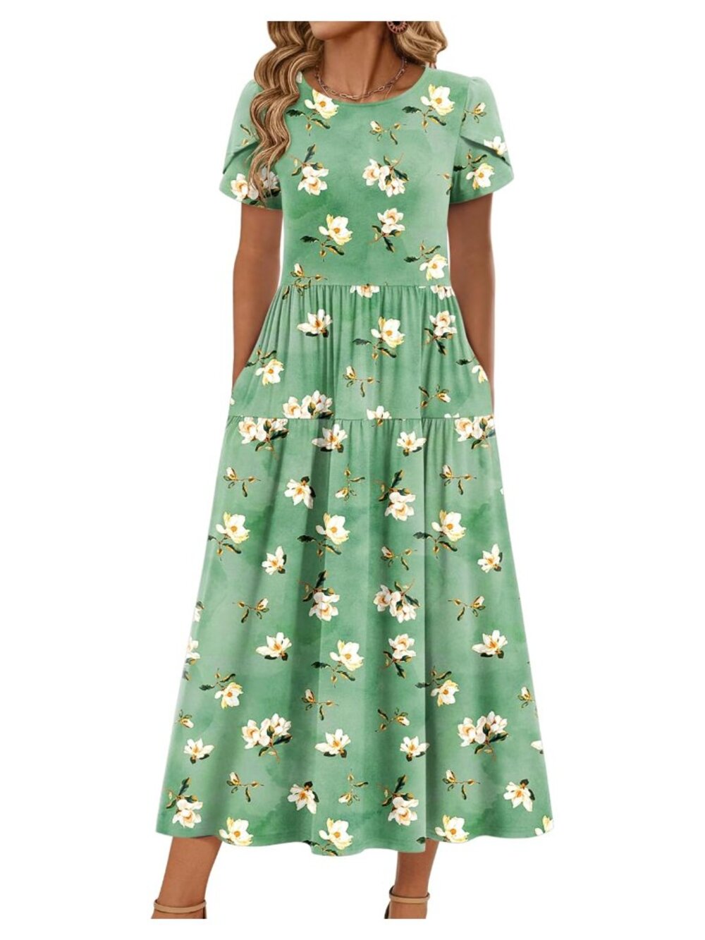 Women Maxi Bohemian Dress Short Sleeve A-Line Round Neck Pockets